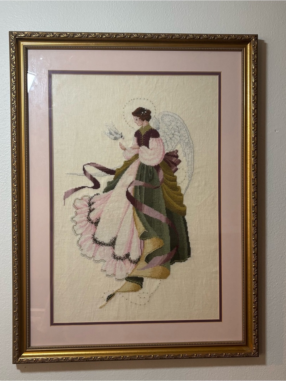 Lavender and Lace Cross Stitch Angel of Grace Complete Framed Beaded Vtg 19x26”